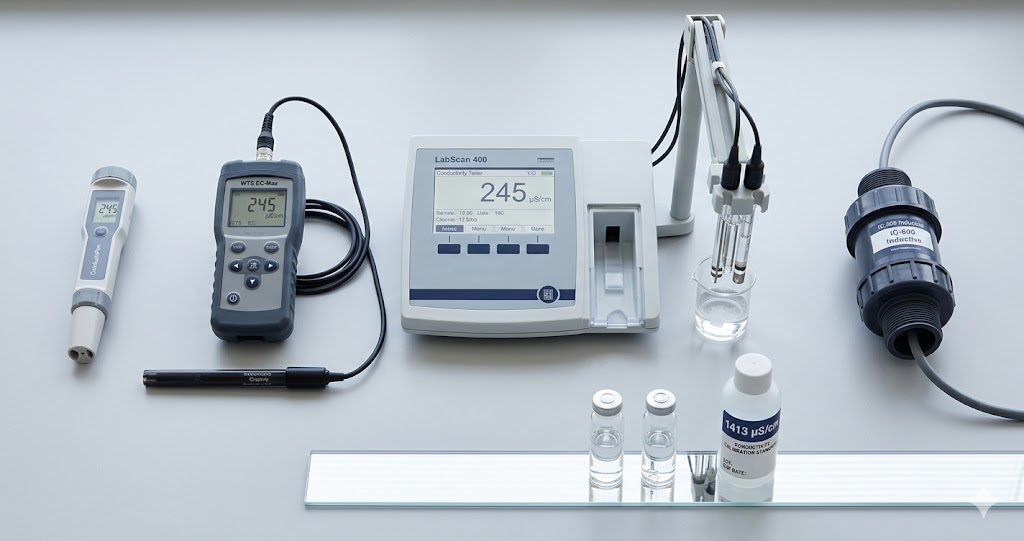 Four conductivity meter types compared: pen-style pocket tester, handheld waterproof EC meter, benchtop laboratory four-electrode meter, and inline industrial inductive sensor, with water sample vials and a 1413 µS/cm calibration standard.