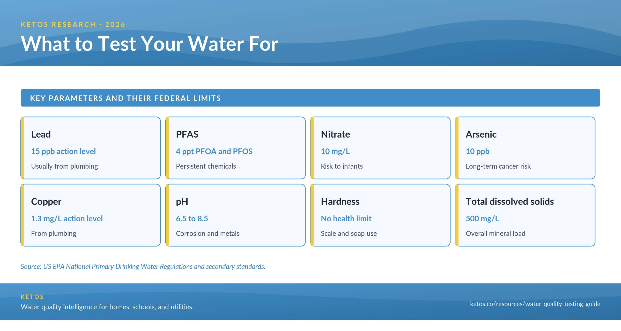 Key water quality parameters and their federal limits: lead (15 ppb action level), PFAS (4 ppt), nitrate (10 mg/L), arsenic (10 ppb), copper (1.3 mg/L action level), pH (6.5 to 8.5), hardness (no health limit), and total dissolved solids (500 mg/L).