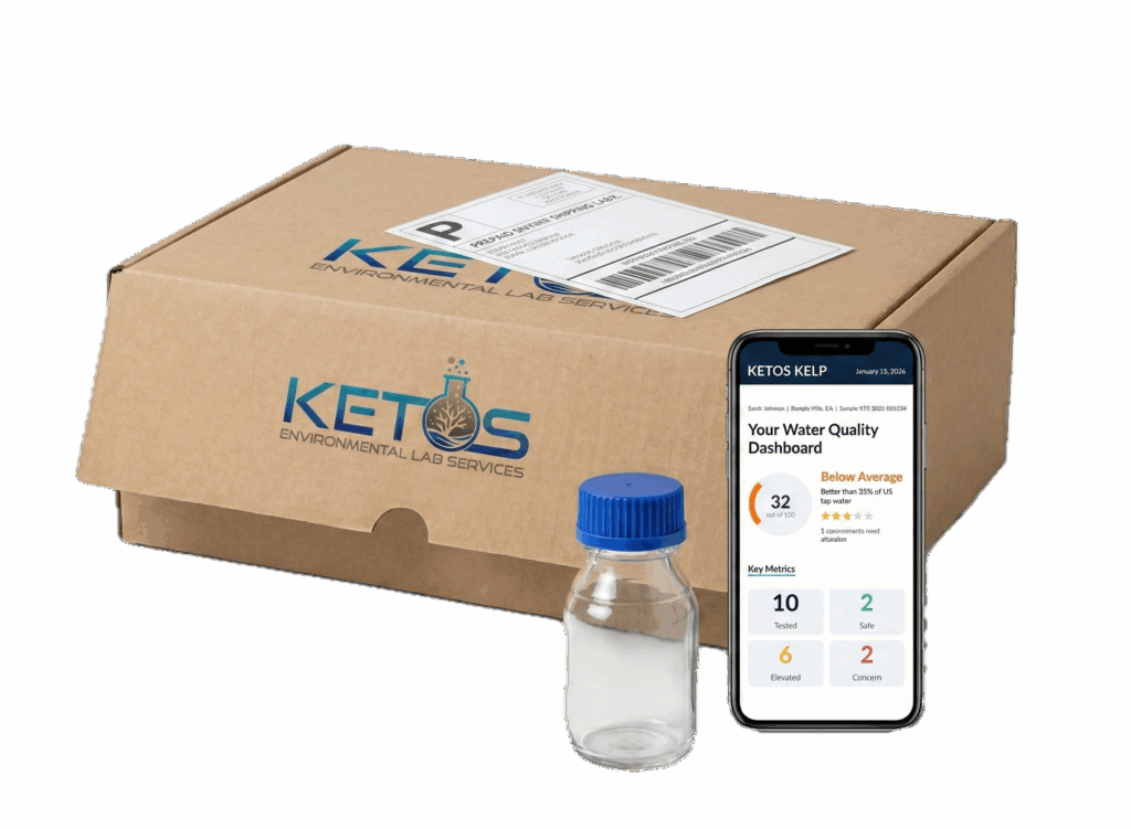 KETOS KELP home water test kit — sample collection bottles and prepaid return shipping label