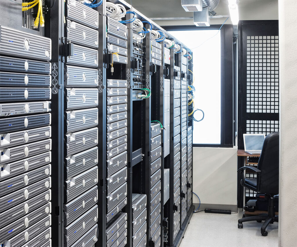 ketos servers in an aisle of racks in a computer server