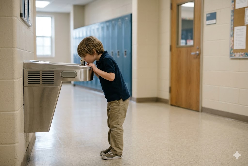 A young child drinks from a school drinking fountain, illustrating lead in water testing services for schools, utilities, and buildings under LCRR and 3T compliance.