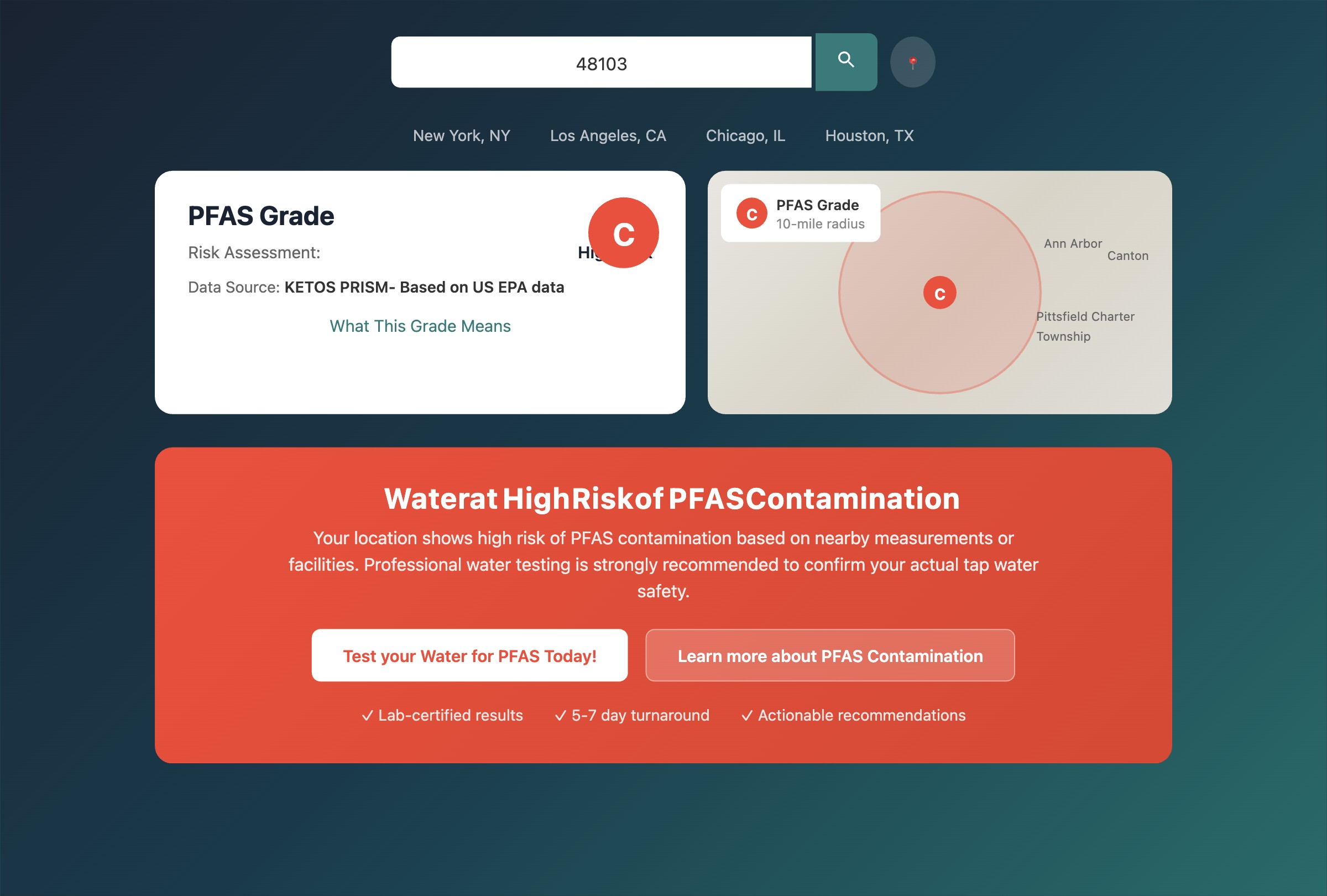 Screenshot of the My PFAS Grade tool showing a Grade C high risk result for zip code 48103 near Ann Arbor Michigan
