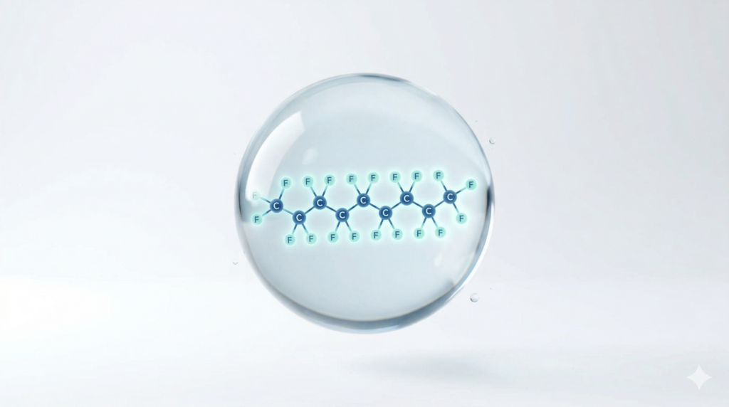 PFAS molecule structure showing carbon-fluorine bonds that make forever chemicals persistent in water