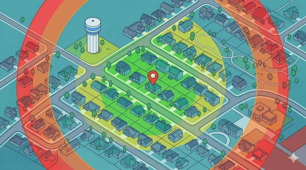 Aerial illustration of a neighborhood with color-coded PFAS contamination risk zones by zip code
