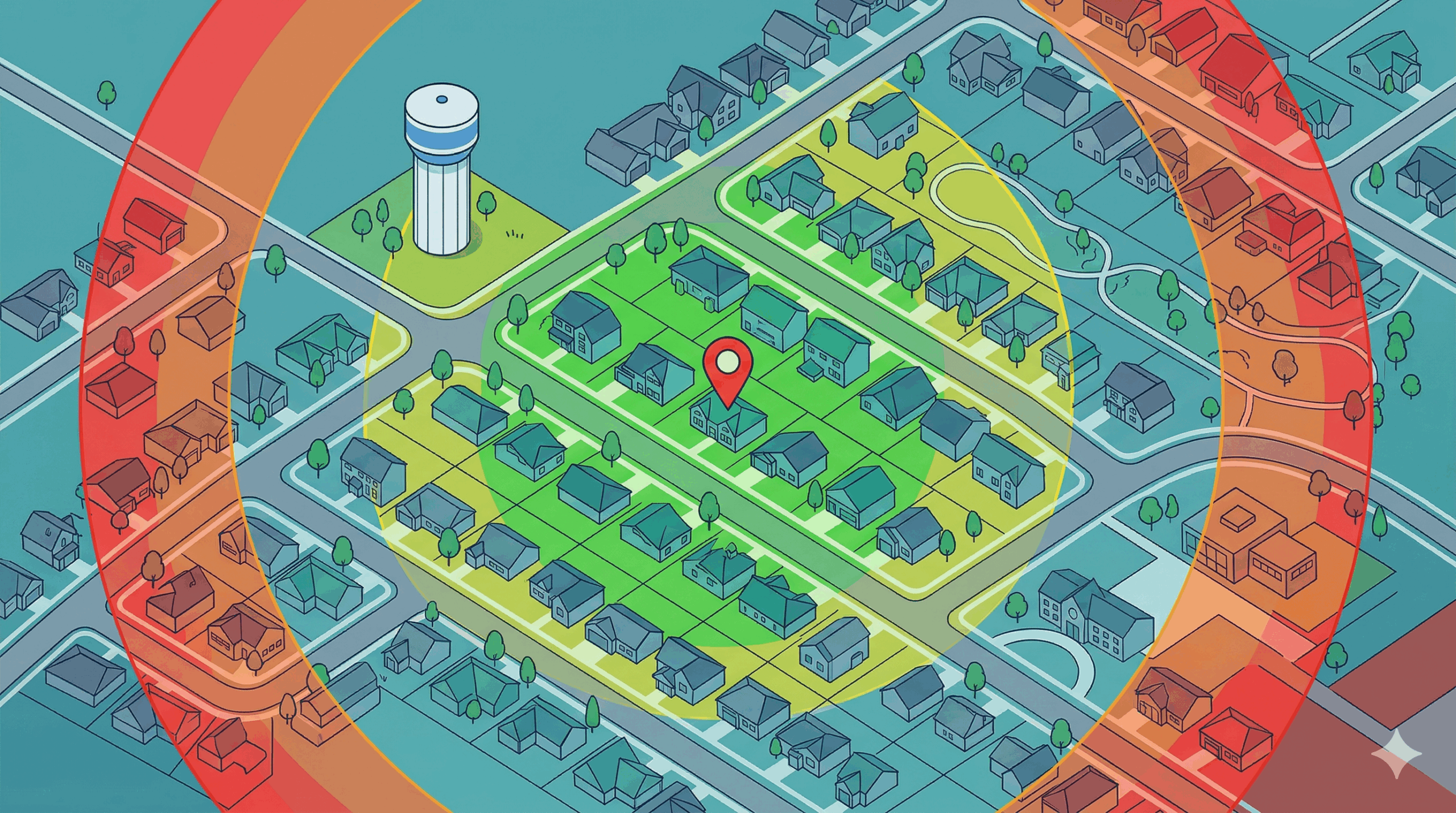 Aerial illustration of a neighborhood with color-coded PFAS contamination risk zones by zip code