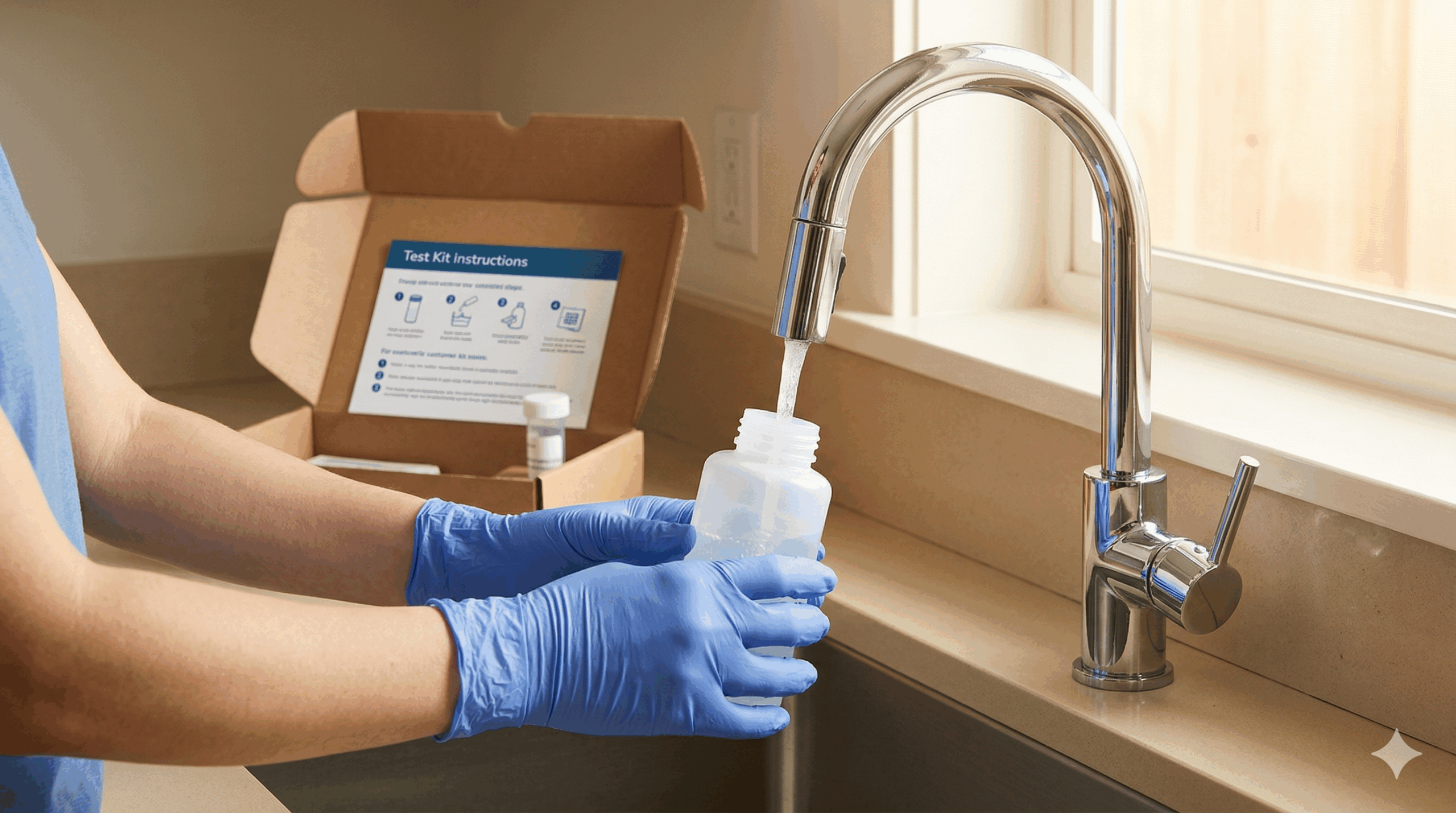 Collecting a water sample at a kitchen faucet for PFAS laboratory testing
