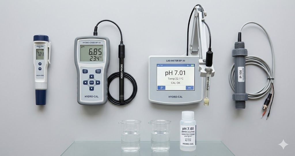 Four pH meter types compared: pen-style pocket meter, handheld portable meter, benchtop laboratory meter, and inline industrial pH probe, with water sample beakers and a calibration buffer bottle.
