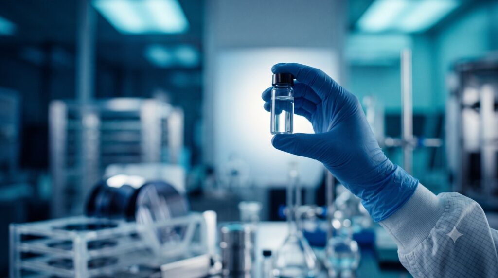 Semiconductor DI water testing: gloved technician holding a vial of ultrapure water in a cleanroom