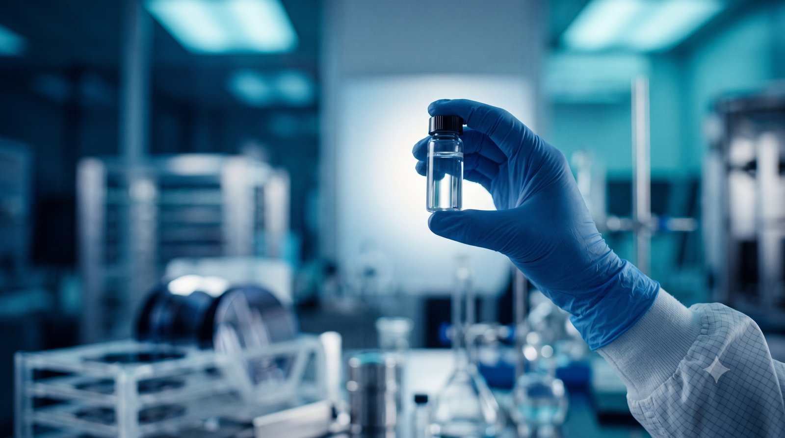 Semiconductor DI water testing: gloved technician holding a vial of ultrapure water in a cleanroom