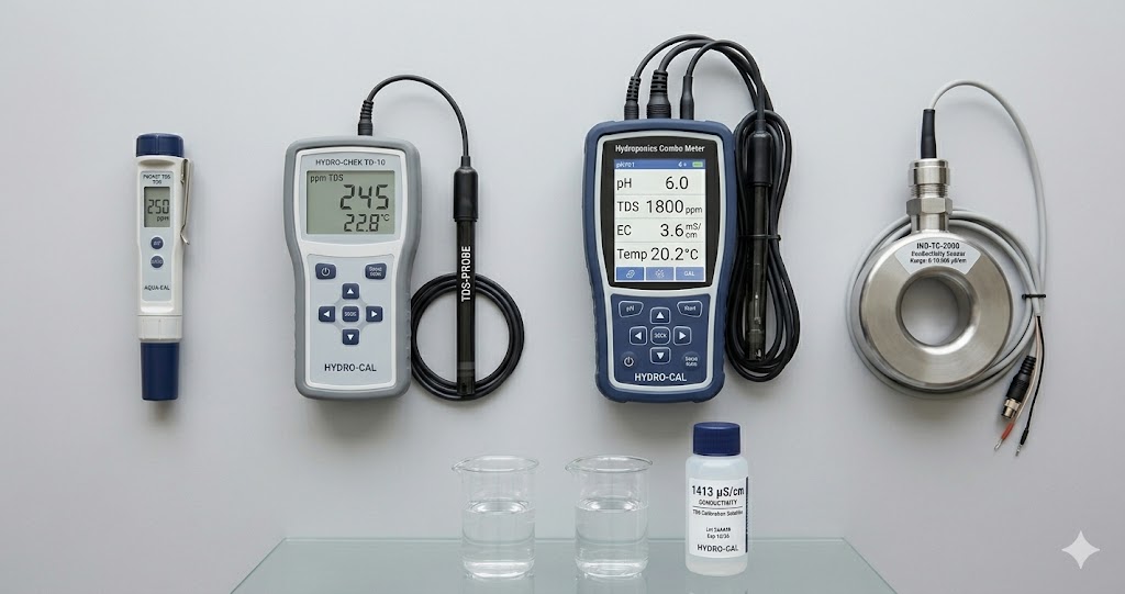 Four TDS meter types compared: pen-style pocket tester, handheld waterproof meter, hydroponics combo meter, and inline industrial conductivity sensor, with water sample beakers and calibration solution.