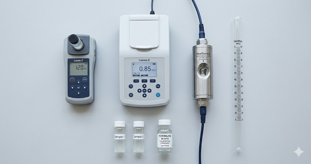 Four turbidity meter types compared: portable handheld nephelometer, benchtop laboratory turbidimeter, inline industrial turbidity sensor, and visual turbidity tube, with water sample vials and a formazin calibration standard.