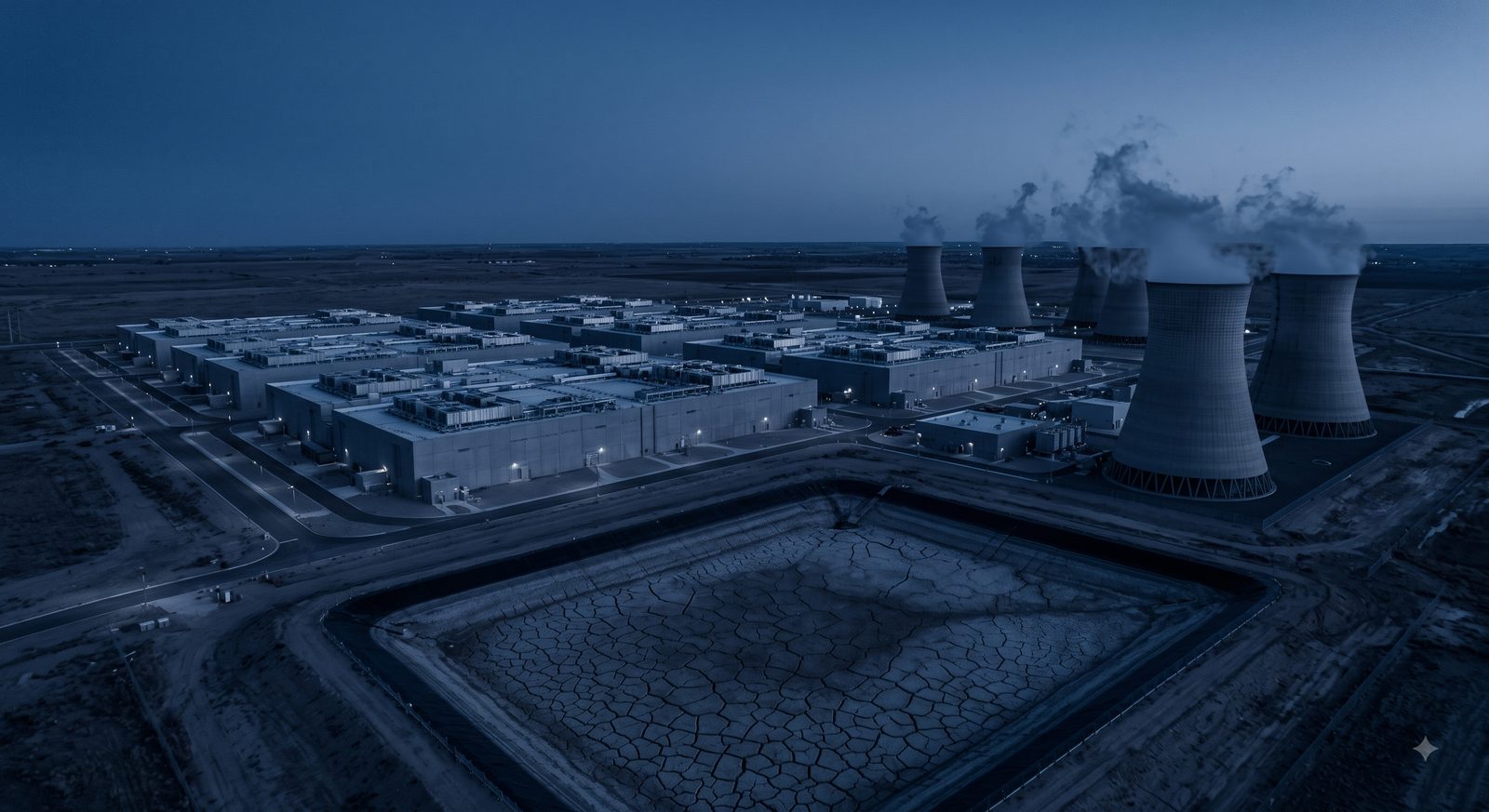 Aerial view of a data center campus beside cooling towers and a dry cracked reservoir