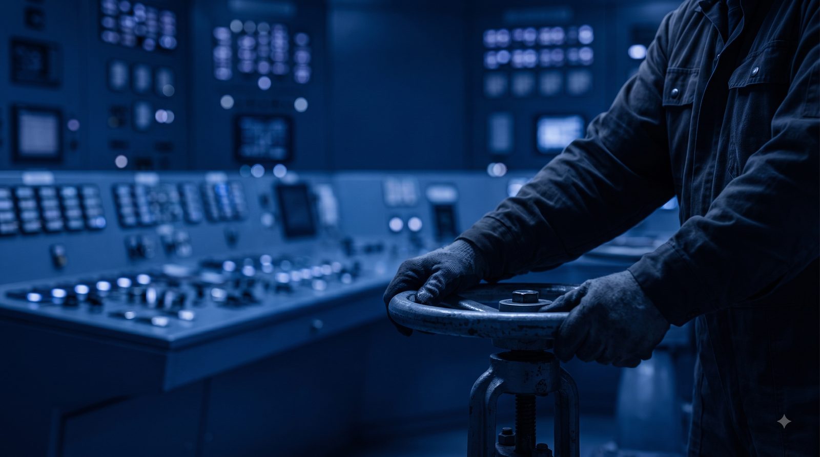 Operator at manual valve controls in a water treatment plant control room at night