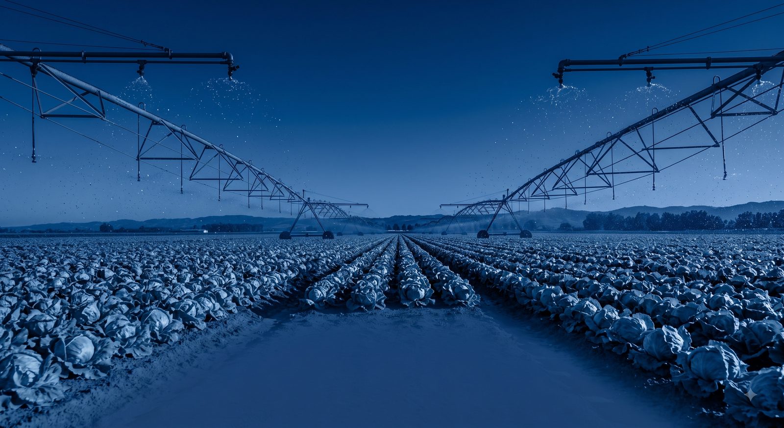 Overhead irrigation sprinklers watering rows of iceberg lettuce at dawn