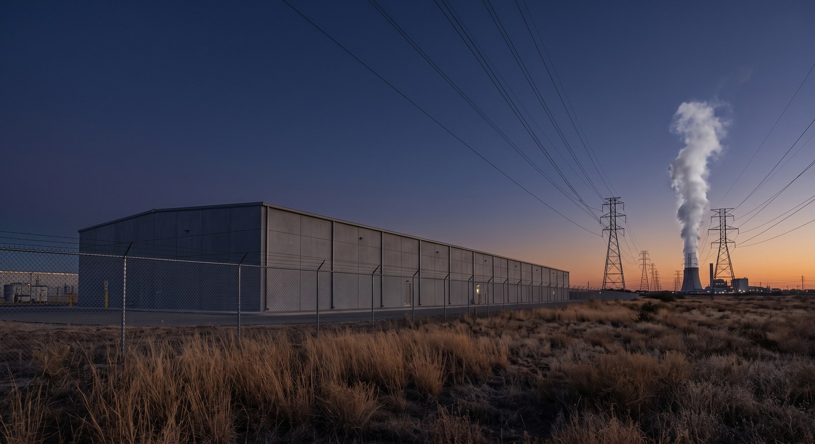 Windowless data center building at dusk with transmission lines receding toward a distant power plant