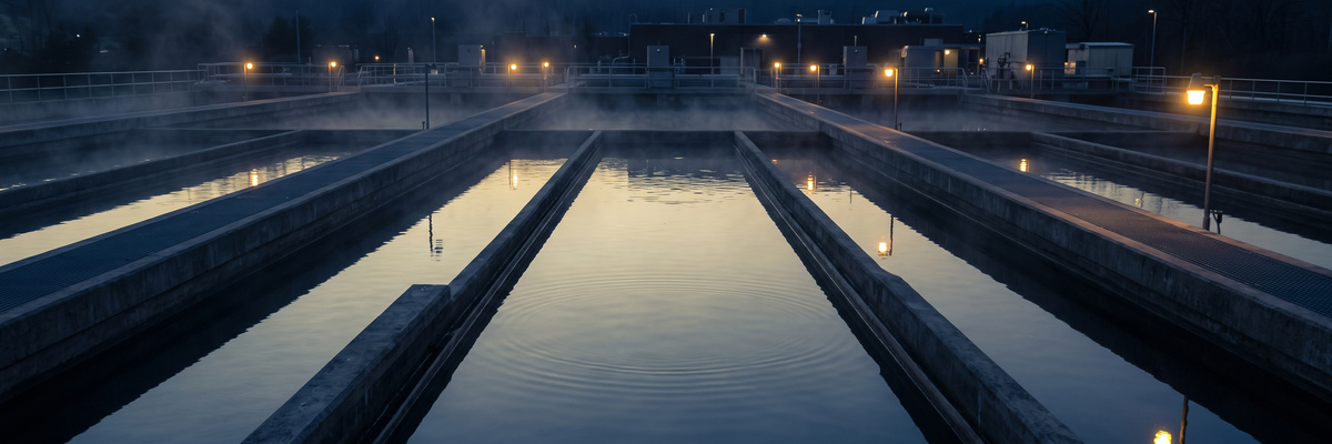 Open concrete basins at a water treatment plant at dusk with mist over still water