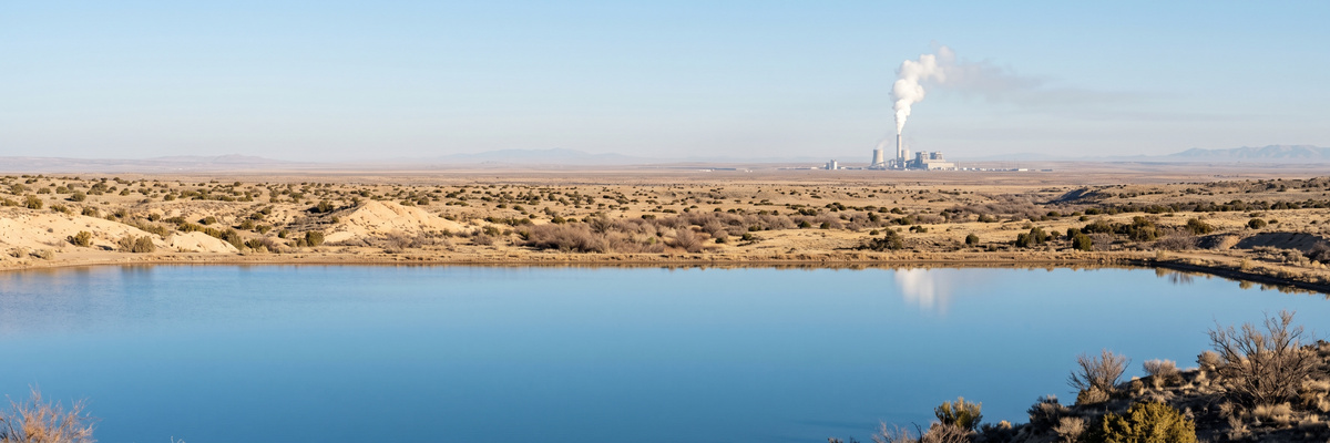 Desert reservoir with a distant power plant steam plume on the horizon