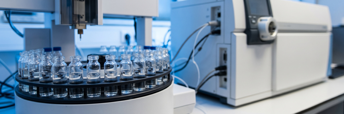 Glass sample vials in a laboratory autosampler beside a mass spectrometer