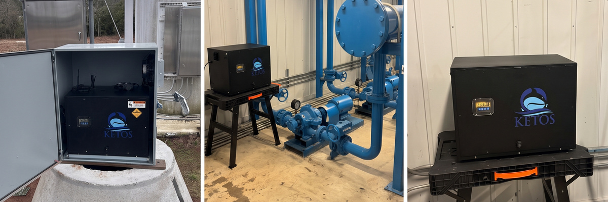 KETOS SHIELD units installed at Fulton County water sites, one in an outdoor enclosure and two inside pump station buildings