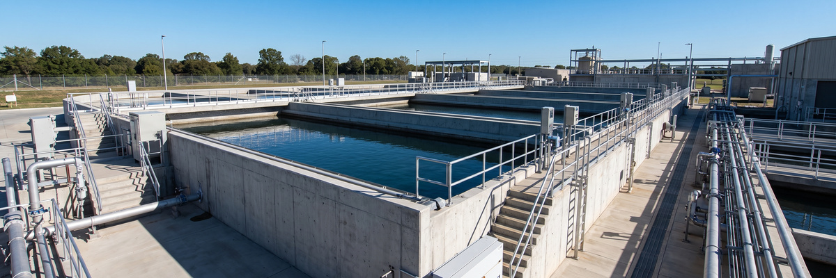 Concrete treatment basins at a modern water treatment plant under a clear sky