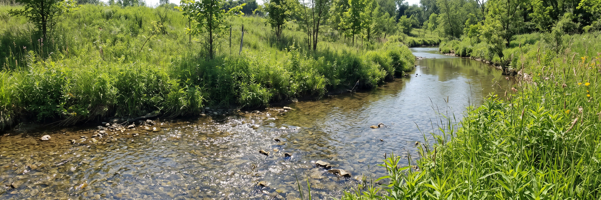 Clear shallow creek winding between green restored banks and young trees