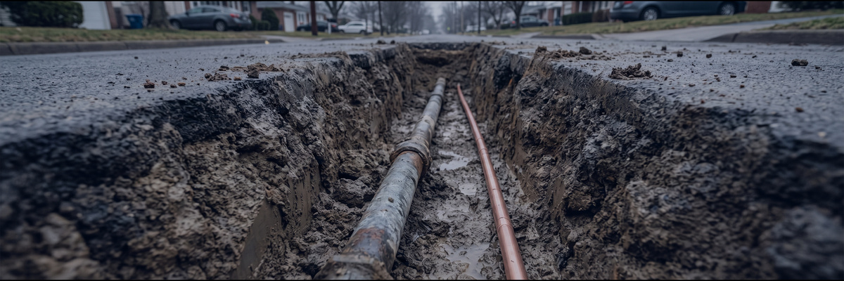 Excavated trench showing an old lead service pipe beside a new copper one