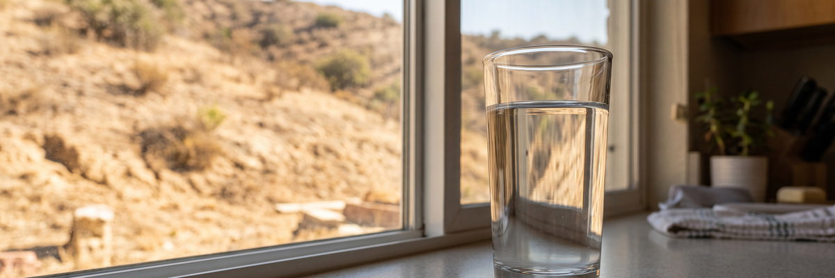 Glass of tap water on a kitchen counter with a dry hillside outside the window