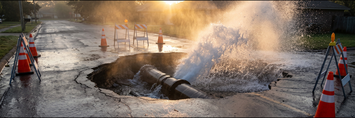 Water surging from a broken large-diameter main under a road at dawn