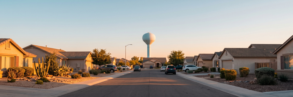 Arizona suburban street at sunrise with a water tower in the distance