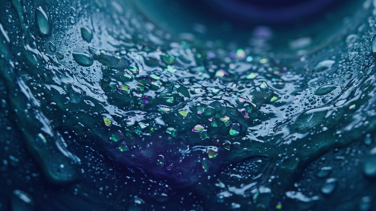 Macro view of a biofilm layer with embedded iridescent plastic microparticles inside a water pipe