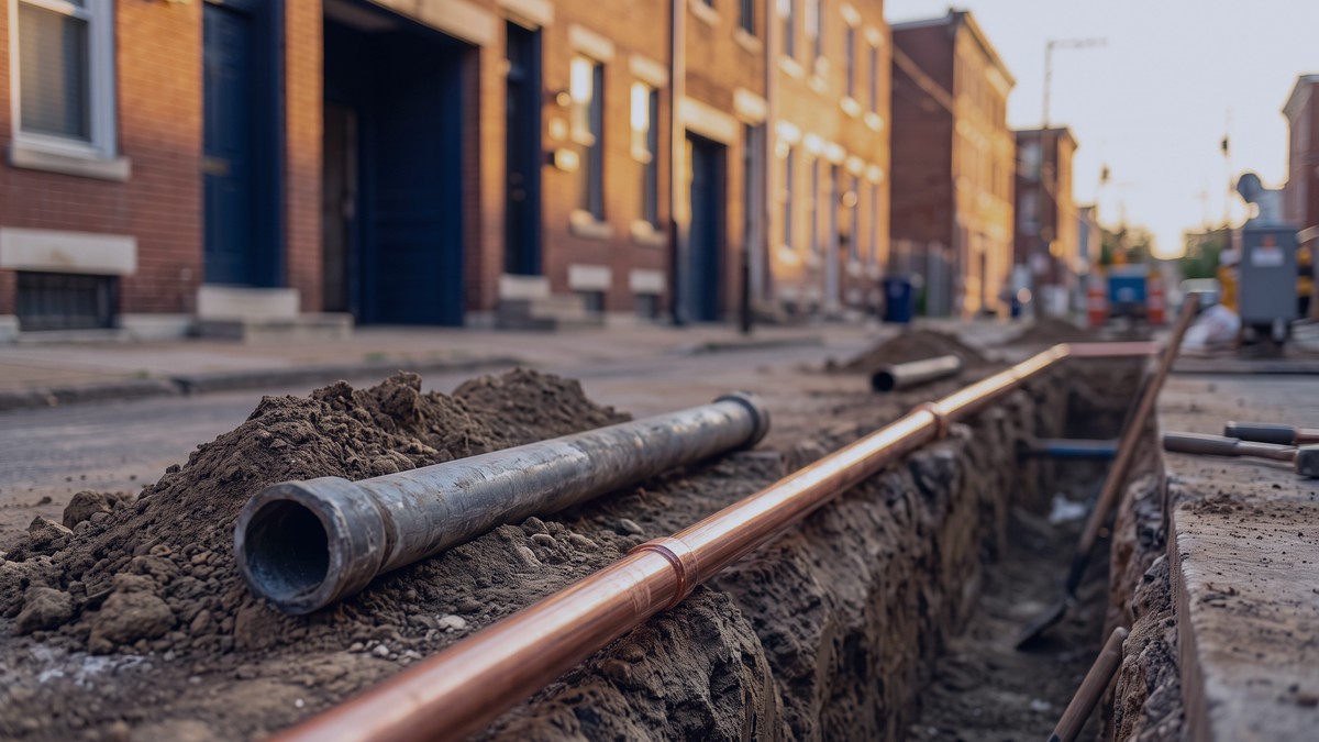 Excavated old lead service line beside a new copper water line in a city trench at golden hour