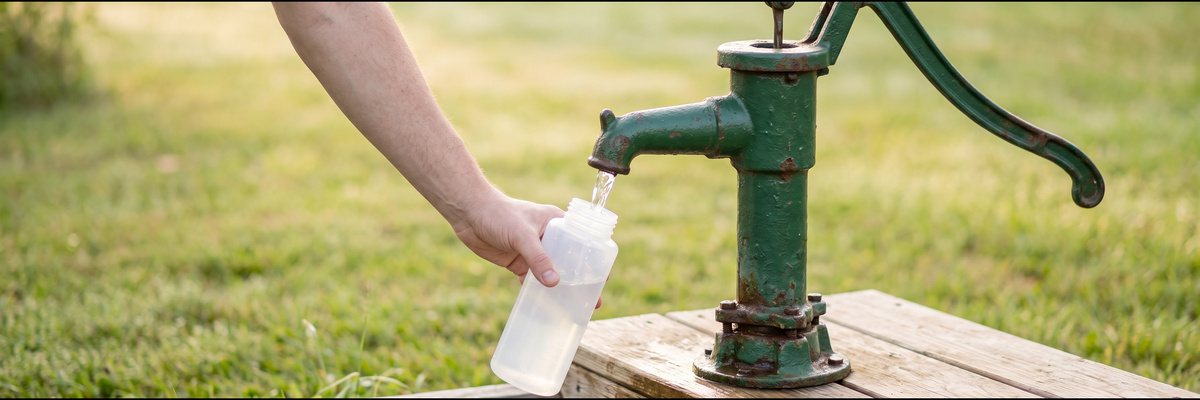 Sampling bottle being filled at a backyard well head