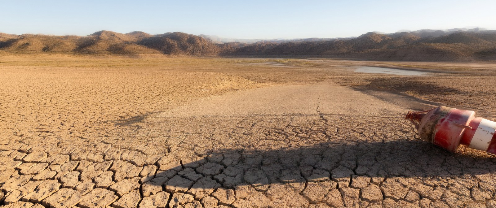 Cracked dry lakebed with a boat ramp descending to a thin ribbon of the Rio Grande