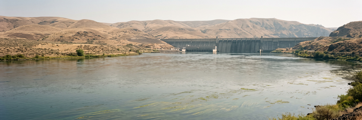 Wide river below a concrete dam in dry hills with faint green algae streaks near the bank