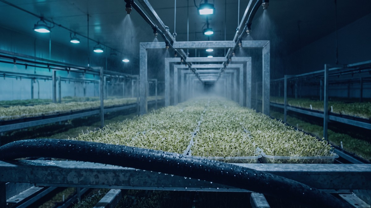 Overhead irrigation lines misting trays of sprouts inside an industrial growing facility