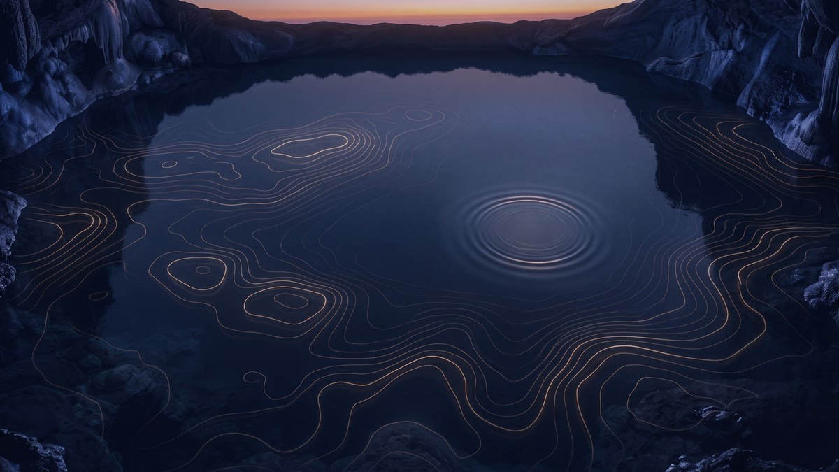 Still groundwater pool at dusk overlaid with glowing risk-map contour lines