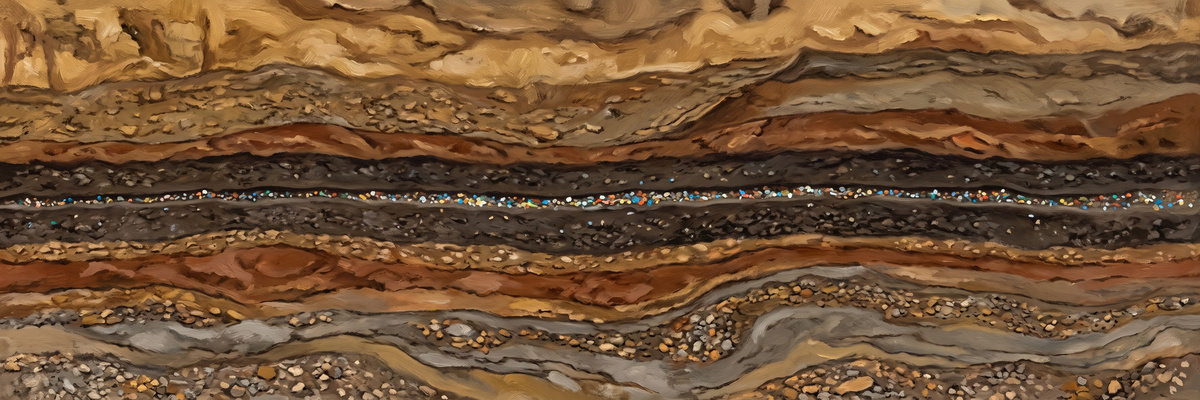Cross-section of layered earth strata with a thin bright seam of tiny colored particles marking one layer
