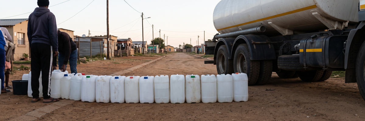 Water containers lined up beside a municipal water tanker on a township street