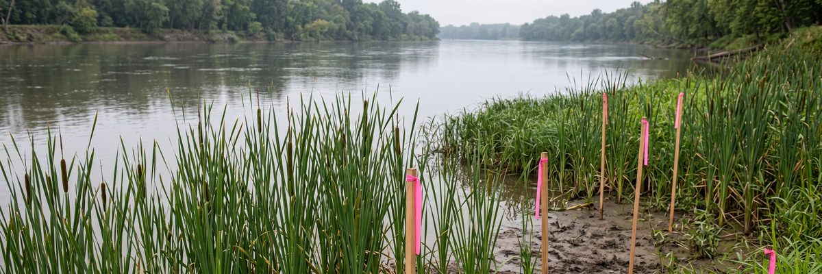 Riverside wetland with cattails and pink-flagged survey stakes beside a wide calm river
